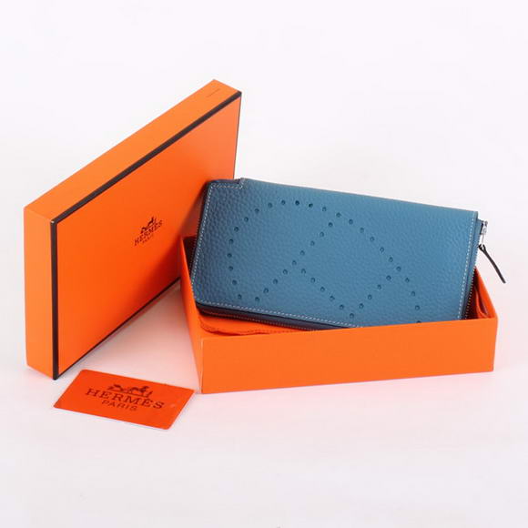 1:1 Quality Hermes Togo Leather Perforated Zippy Wallet 9032 Blue Replica - Click Image to Close